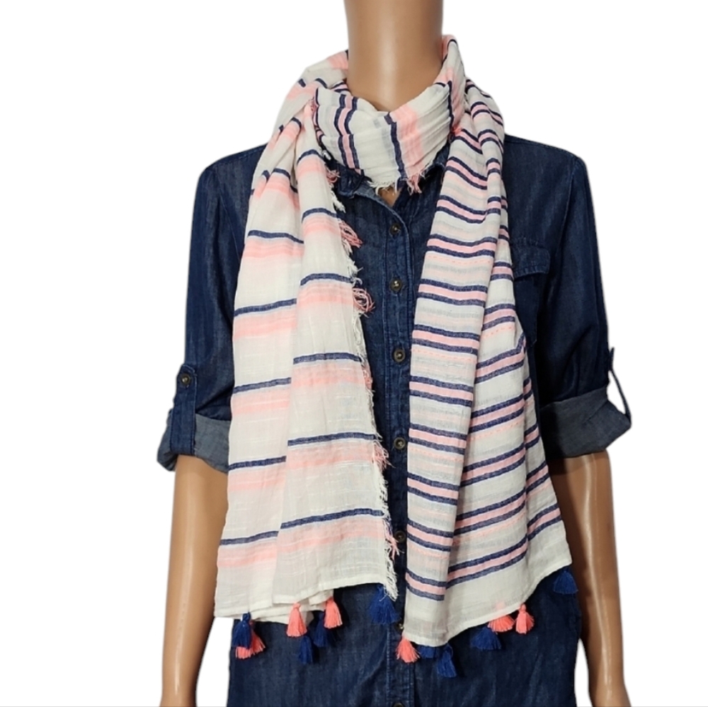 J.Crew Striped White and Pink Rectangle Scarf with Tassels 74" x 27"